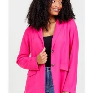 Hot Pink Long Sleeve Button Front Blazer pockets classic career‎ staple